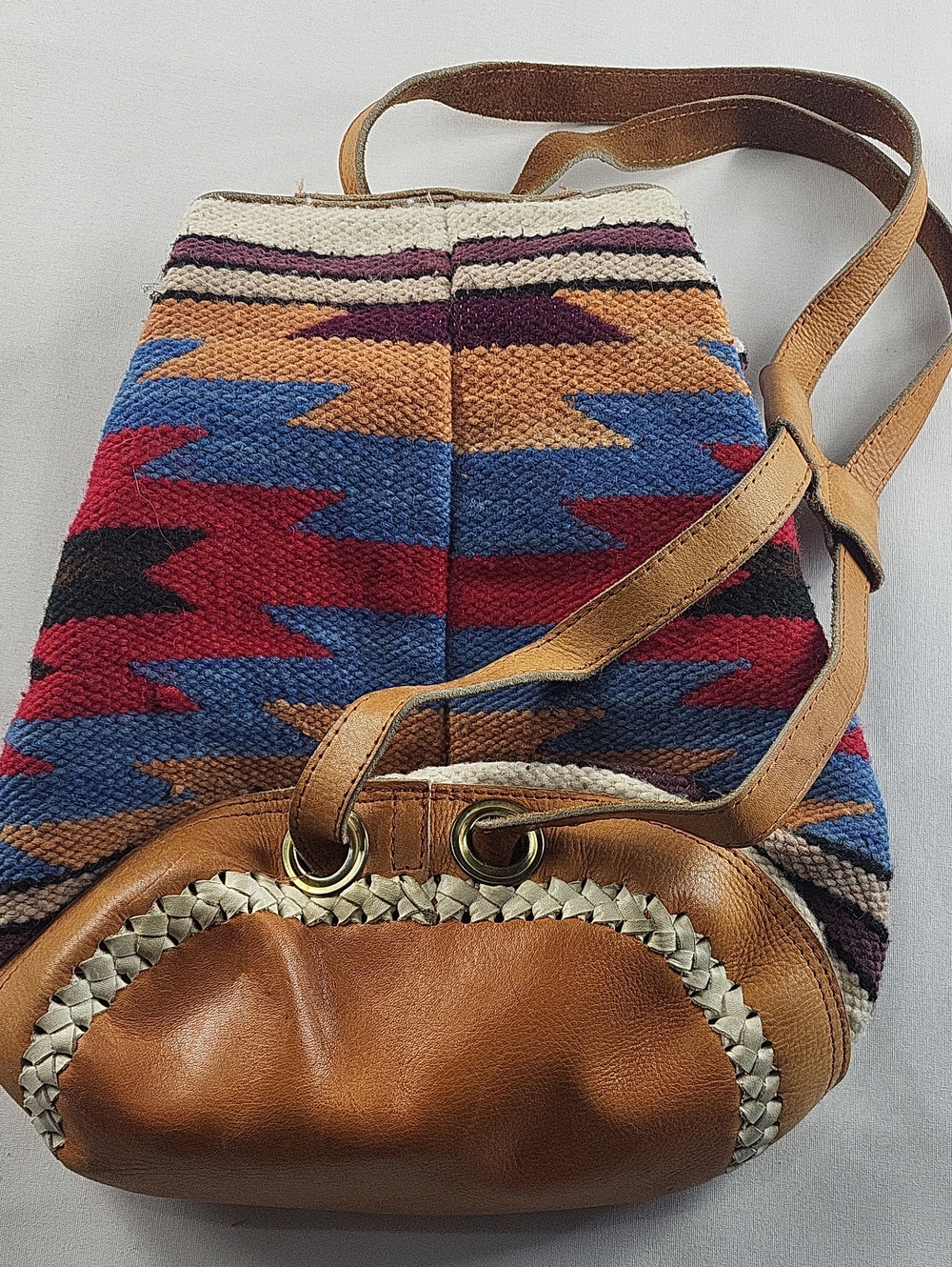 Vintage Southwestern Woven Wool & Leather Backpack Boho - Picture 2 of 8